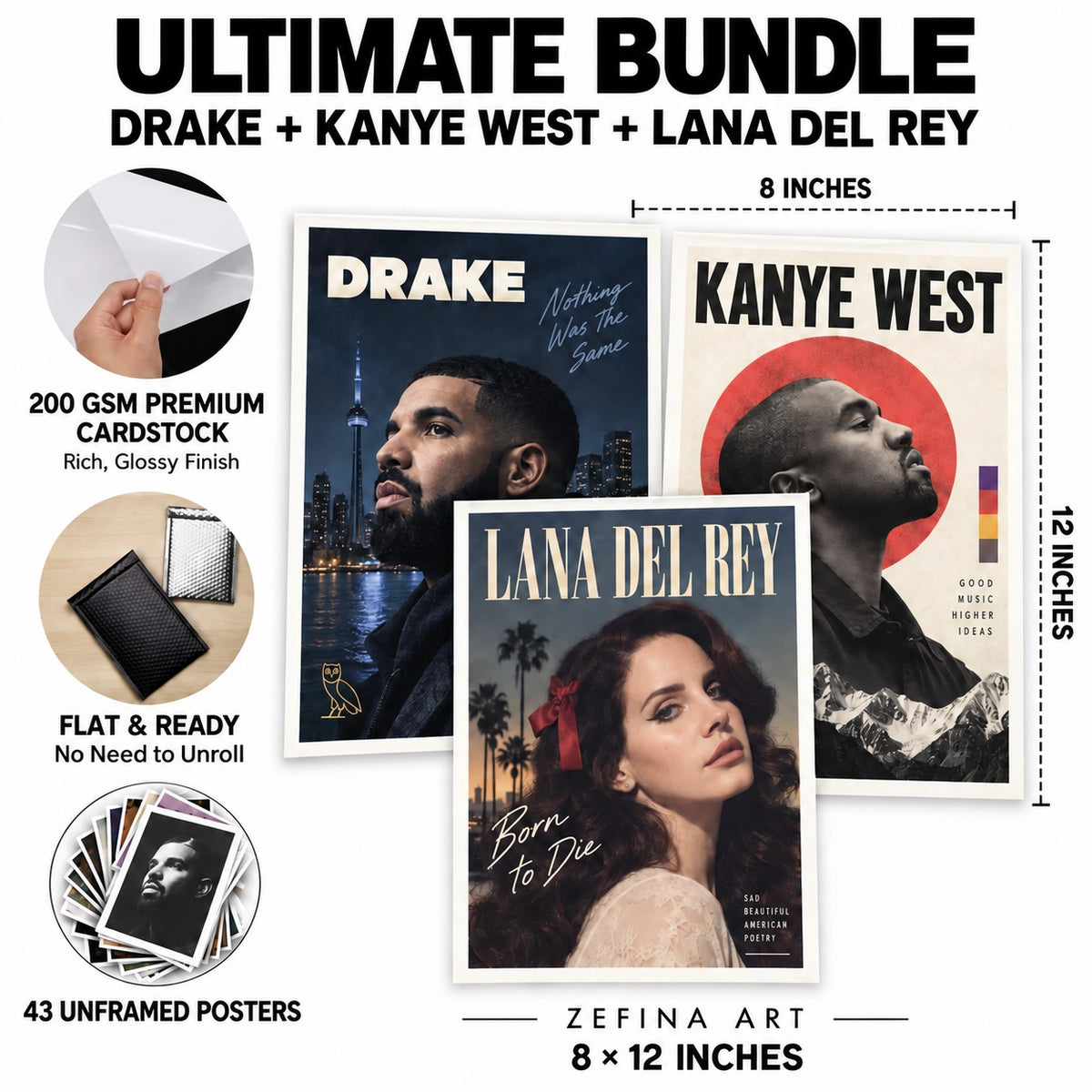 Zefina Art Ultimate Bundle featuring 43 unframed Drake, Kanye West, and Lana Del Rey album posters, printed on premium 200 GSM glossy cardstock in 8 × 12-inch size.