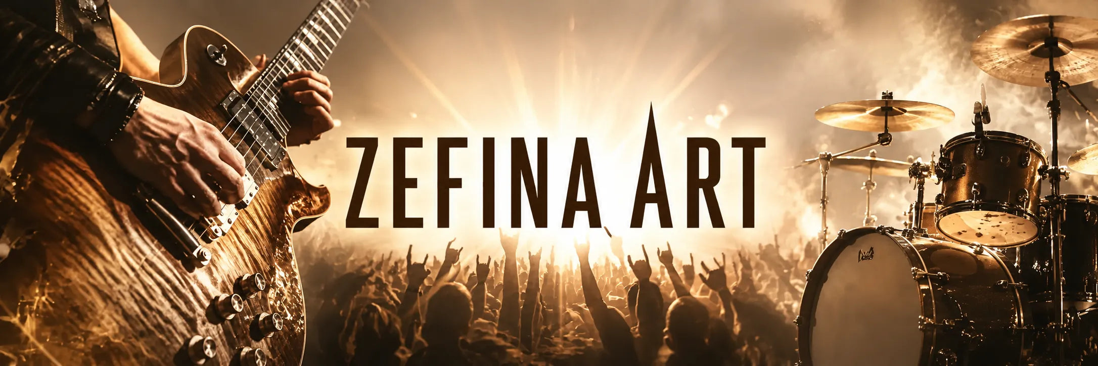 Zefina Art concert banner featuring an electric guitarist, live crowd, and drum kit illuminated with purple and orange brand-inspired lighting.