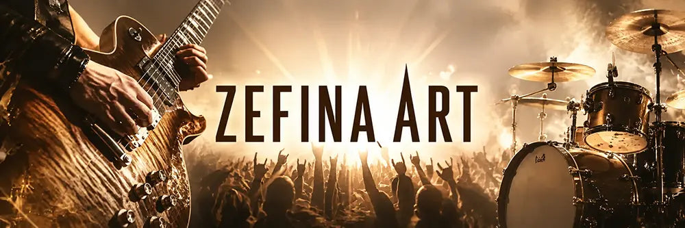 Zefina Art concert banner featuring an electric guitarist, live crowd, and drum kit illuminated with purple and orange brand-inspired lighting.