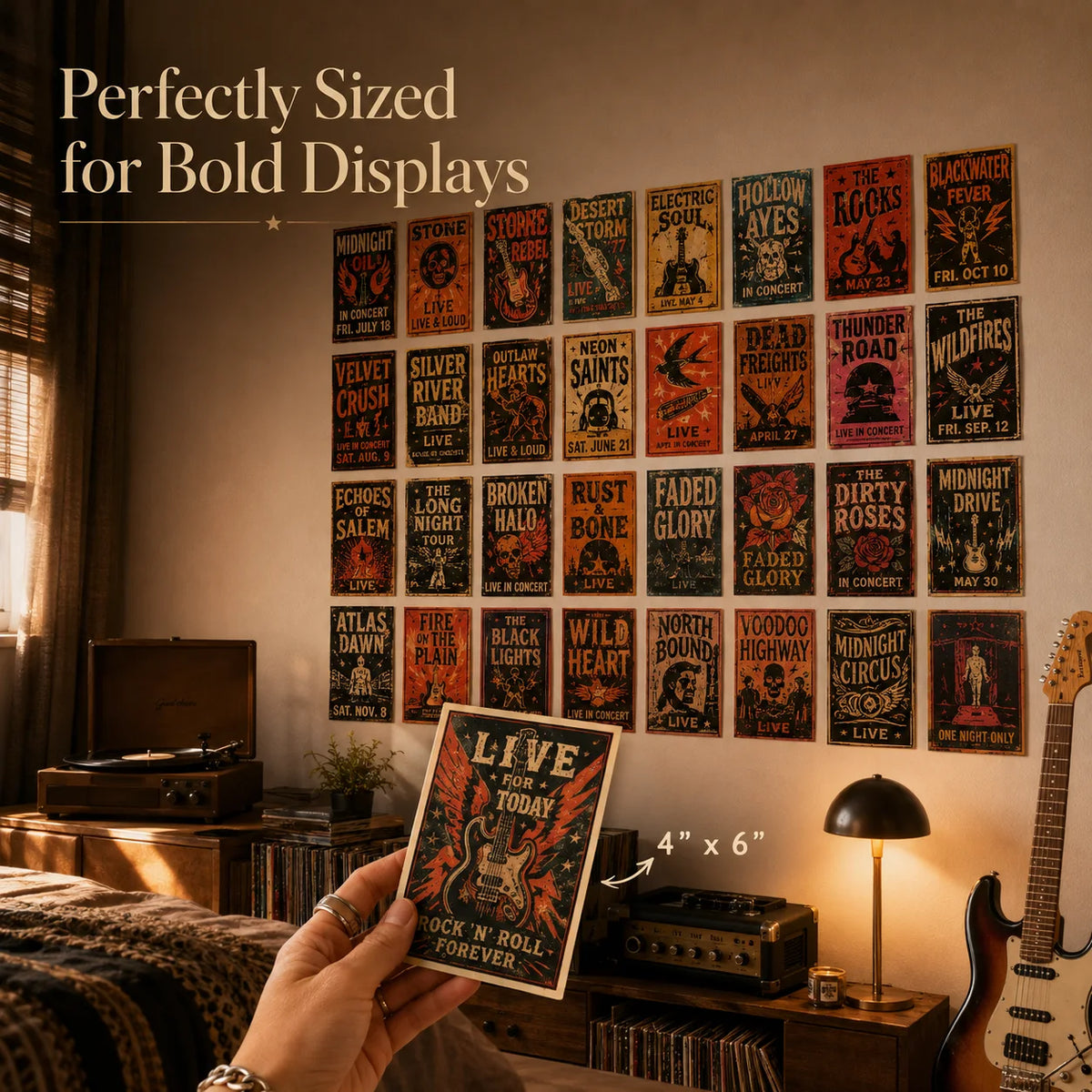Hand holding a 4×6 vintage rock concert poster in a bedroom with a large retro music poster collage.