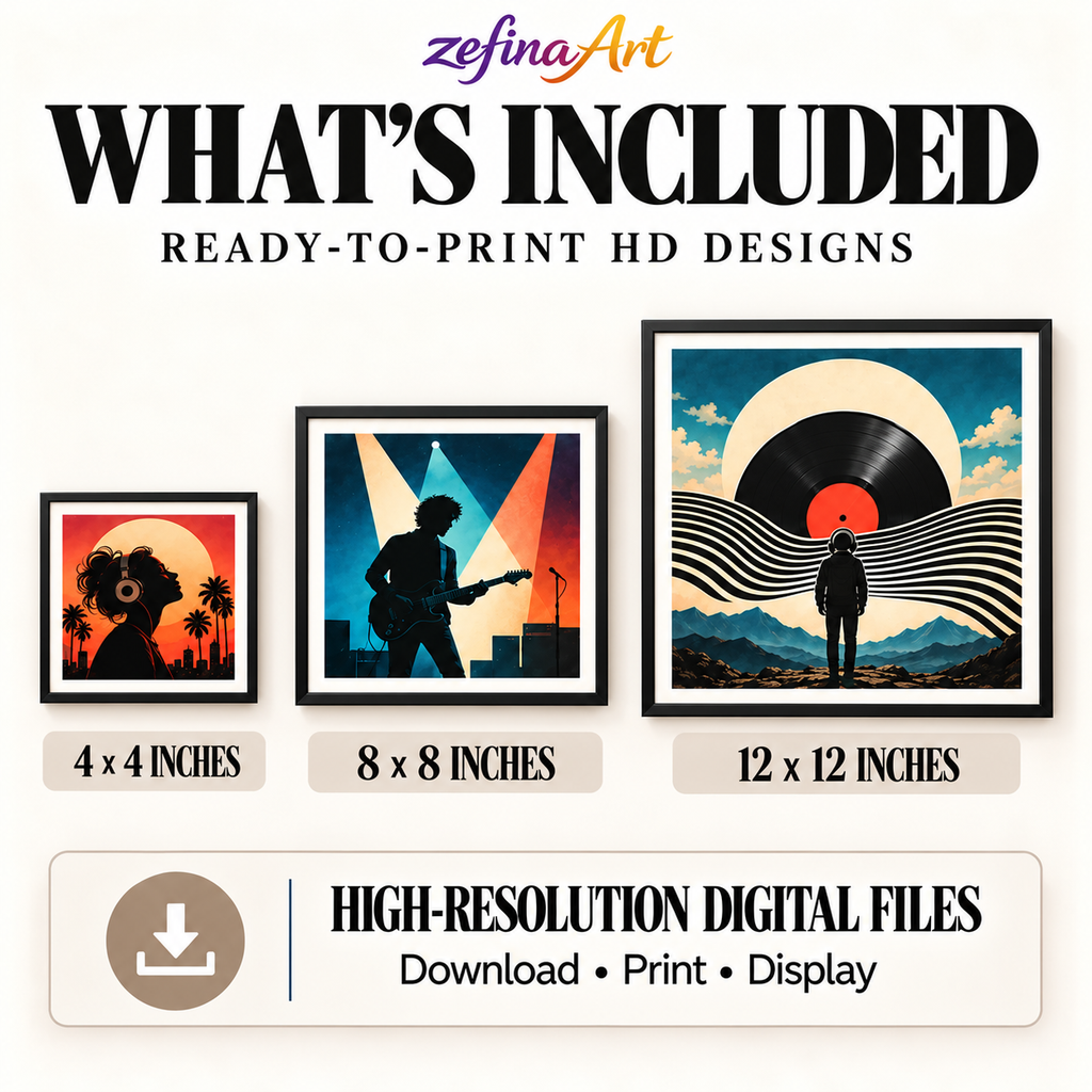 Zefina Art digital download size guide showing ready-to-print HD poster files in 4×4, 8×8 and 12×12-inch square sizes.