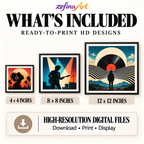 Zefina Art digital download size guide showing ready-to-print HD poster files in 4×4, 8×8 and 12×12-inch square sizes.