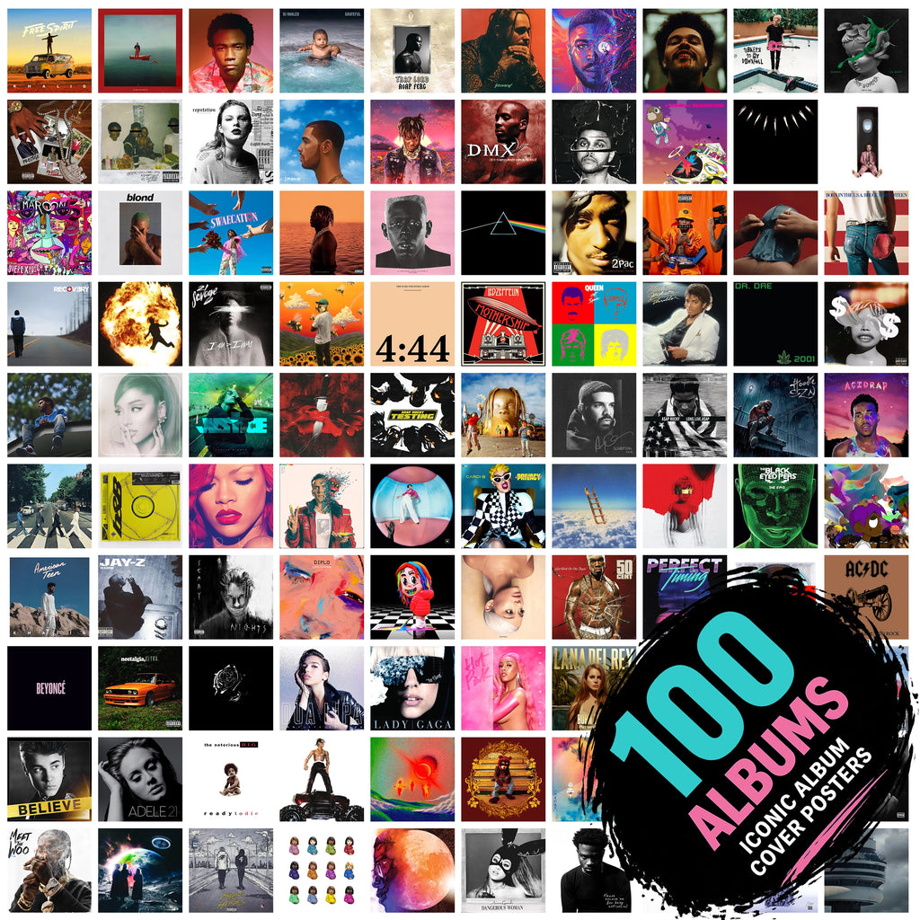 100 Iconic Album Cover Posters collage featuring famous rap, pop, rock, and hip-hop album covers. Premium unframed music wall art set for bedroom, dorm room, gaming room, and studio decor.