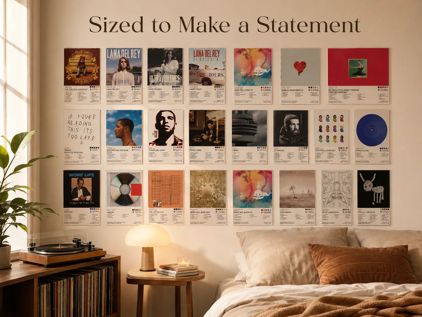 A styled bedroom wall displaying a large grid of album art posters and vinyl records under the text 'Sized to Make a Statement.' The room includes a bed, lamp, plant, record player, and warm ambient lighting.