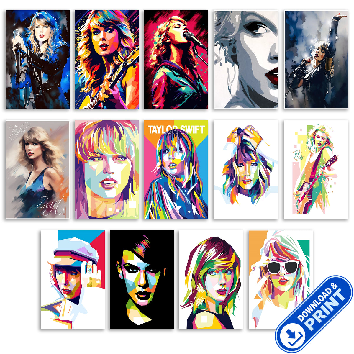 Taylor Swift poster collection displayed as colorful wall decor in a modern music-themed living room.
