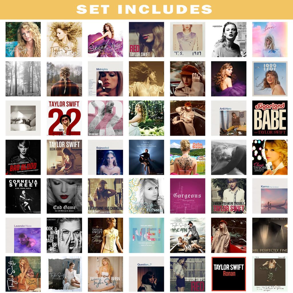 Preview of the Taylor Swift digital poster set featuring album covers, song artwork, and printable music wall art designs.