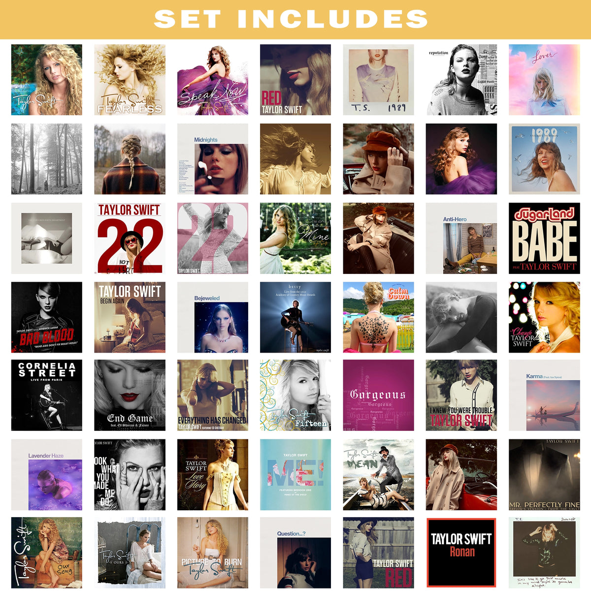 Preview of the Taylor Swift digital poster set featuring album covers, song artwork, and printable music wall art designs.