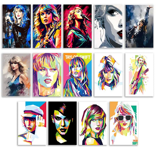 Grid of colorful Taylor Swift-inspired poster designs from a 14-piece collection