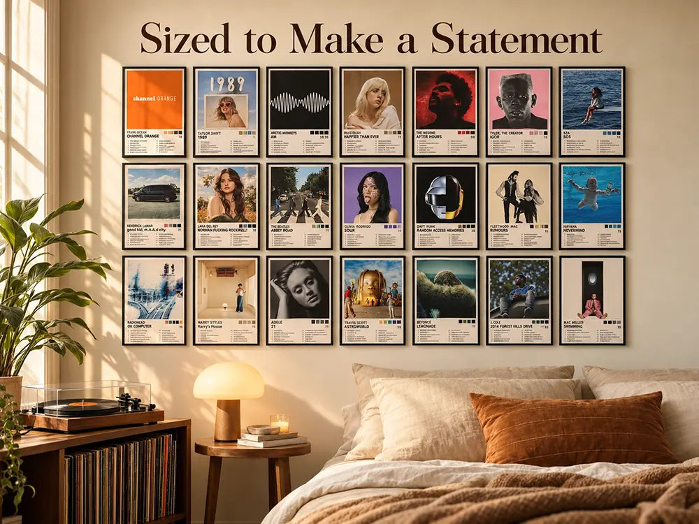 Warm, modern bedroom featuring 21 framed album cover posters arranged above a cozy bed, with a vinyl record player, indoor plants and soft golden lighting.