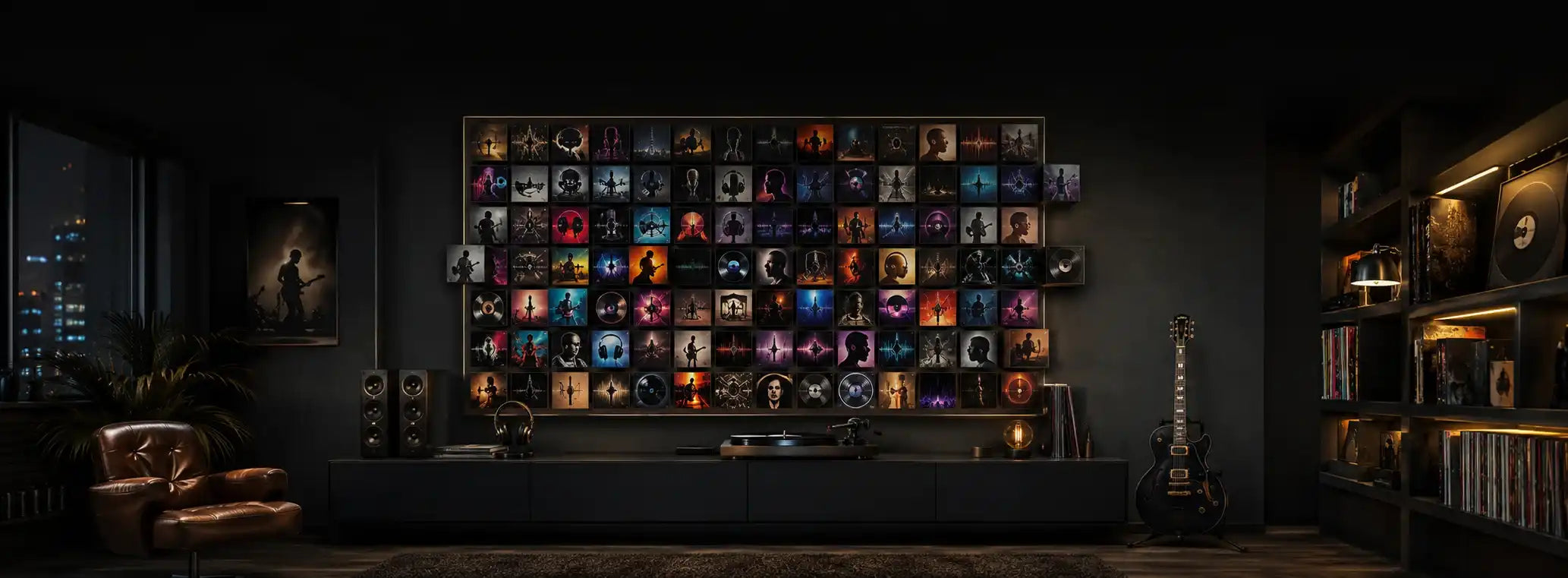 Dark music room featuring a large wall collage of album-inspired artwork above a record player, speakers, vinyl records, and electric guitar.