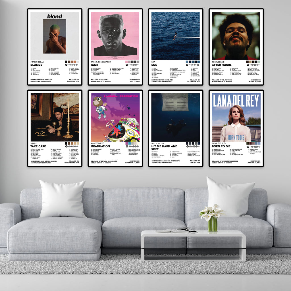 Heavy Hitters album cover posters displayed as modern living room wall decor featuring Frank Ocean, Tyler The Creator, SZA, The Weeknd, Drake, Kanye West, Billie Eilish and Lana Del Rey.