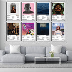 Heavy Hitters album cover posters displayed as modern living room wall decor featuring Frank Ocean, Tyler The Creator, SZA, The Weeknd, Drake, Kanye West, Billie Eilish and Lana Del Rey.