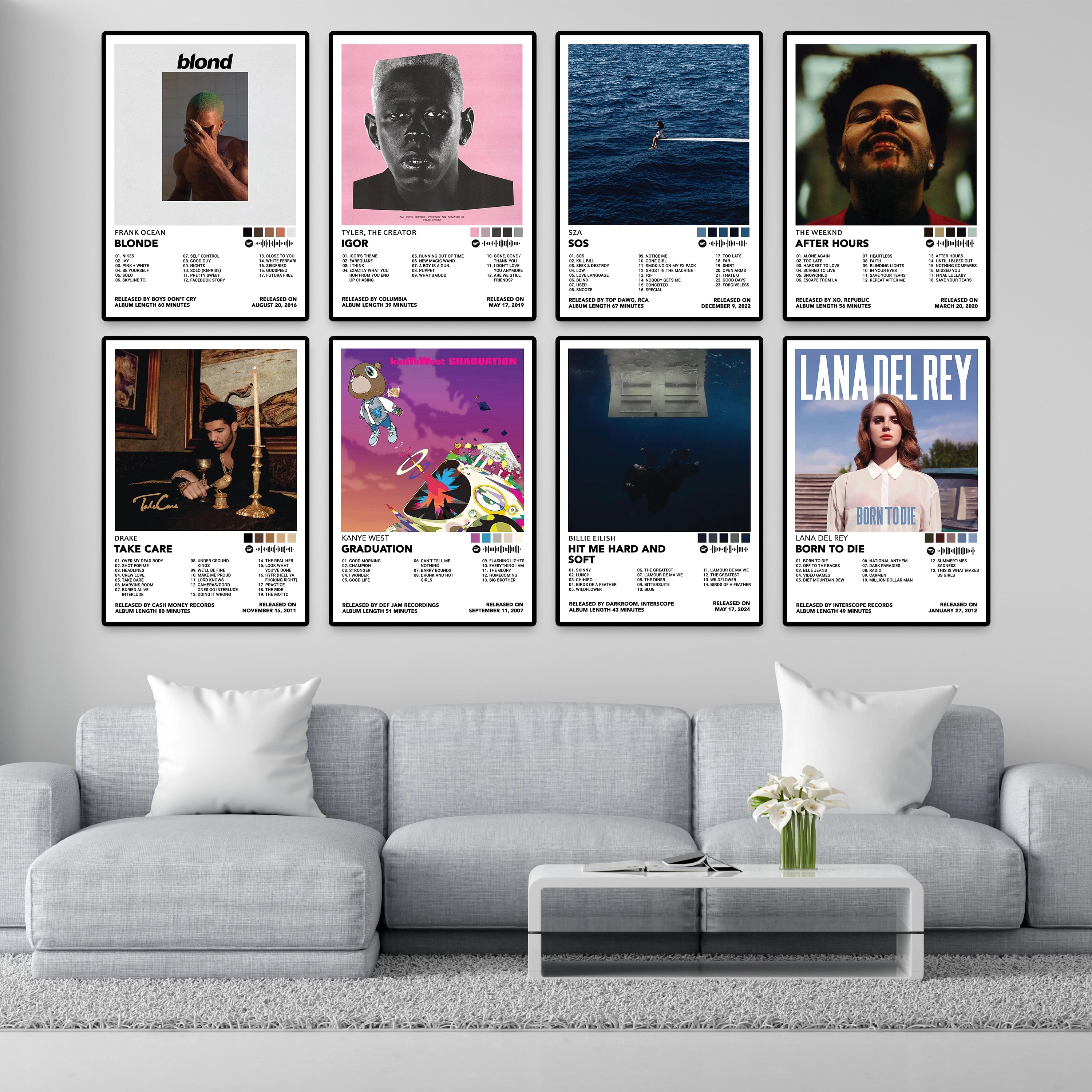 Heavy Hitters album cover posters displayed as modern living room wall decor featuring Frank Ocean, Tyler The Creator, SZA, The Weeknd, Drake, Kanye West, Billie Eilish and Lana Del Rey.
