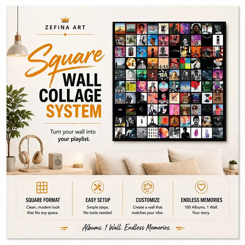 Square Wall Collage System guide for 100 Album Cover Posters showing an easy DIY installation method, customizable wall layouts, and modern music room decor inspiration.