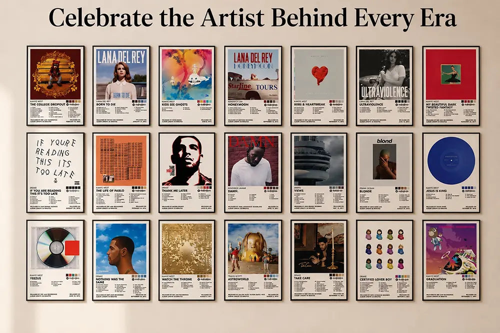 Best album cover posters arranged as colorful music wall décor in a modern bedroom.