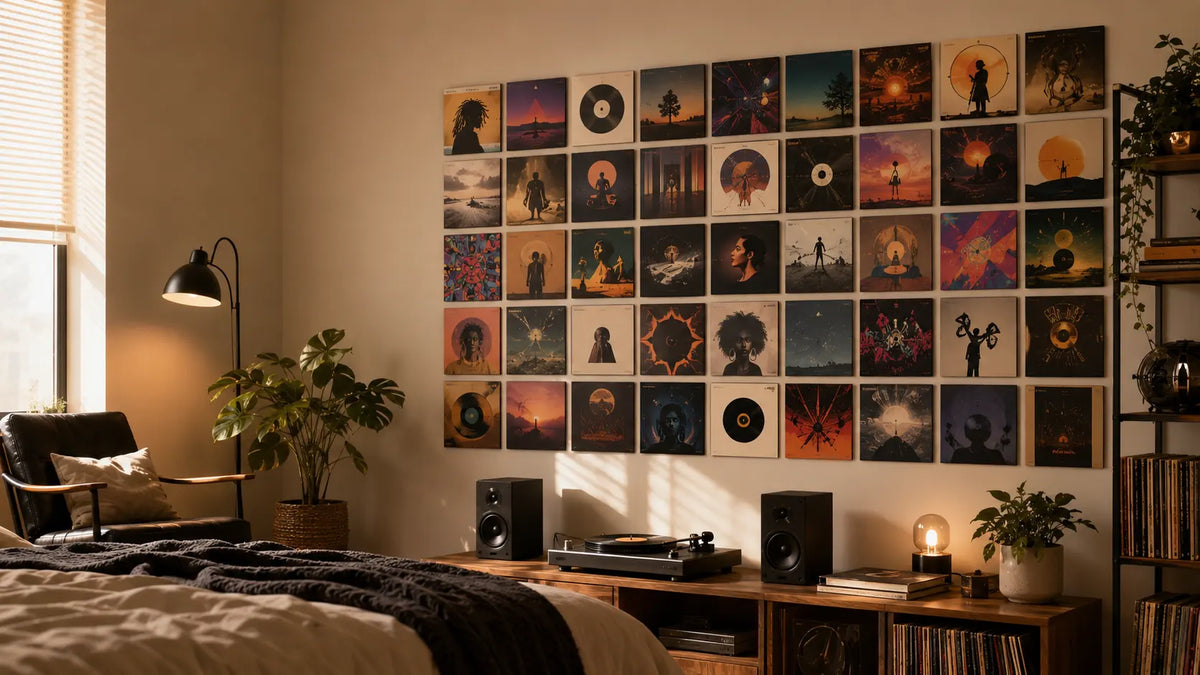Cozy music-themed room with a large wall collage of album cover posters, warm natural light, and stylish bedroom decor.