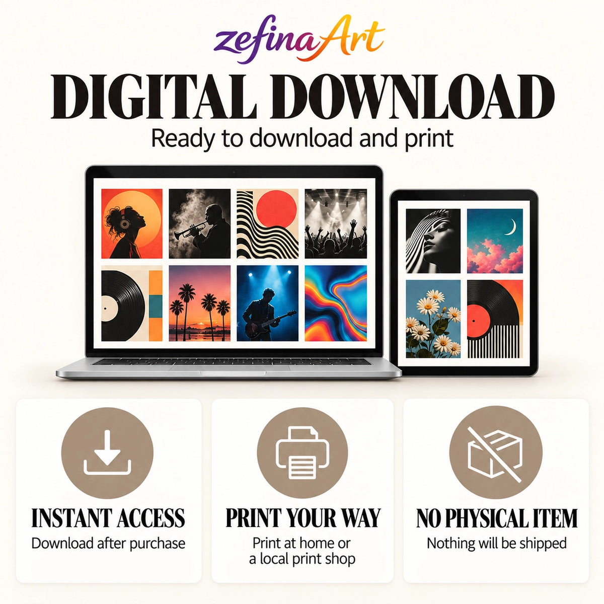 Digital album cover posters displayed on a laptop and tablet, available for instant download and printing at home or a local print shop.