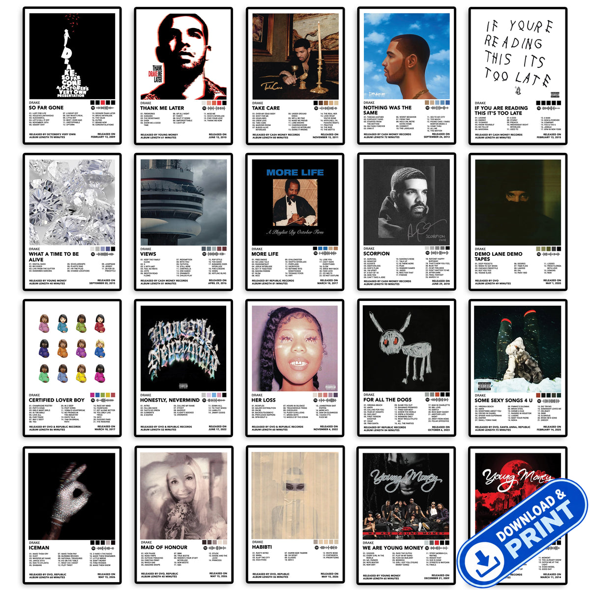 Set of 20 Drake album cover posters available as high-resolution digital downloads for printing and creating a personalized music wall display.