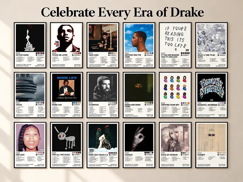Collection of 18 framed Drake album cover posters displayed in a six-by-three gallery on a warm cream wall.