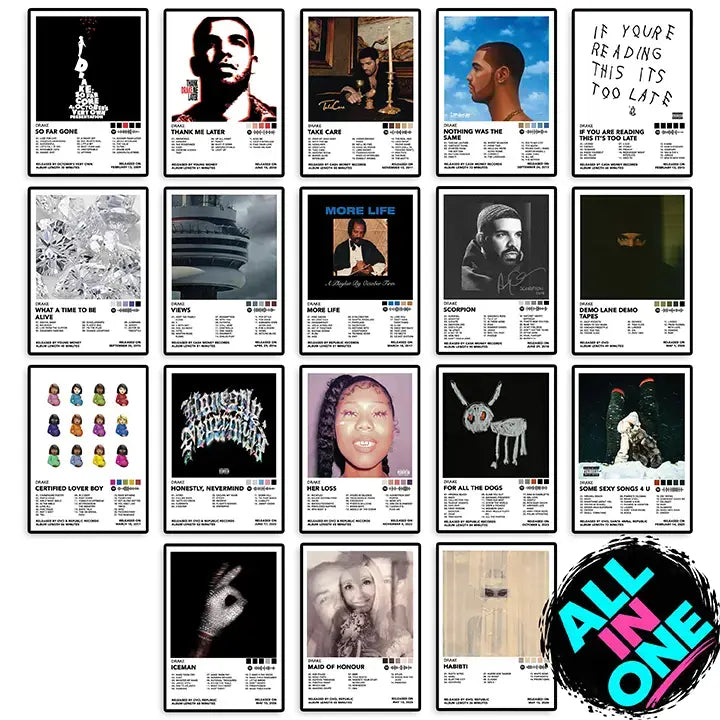 Collage of 18 framed Drake album posters, featuring album artwork and track lists from So Far Gone, Take Care, Views, Scorpion, Honestly, Nevermind, and more.