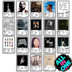 Collage of 18 framed Drake album posters, featuring album artwork and track lists from So Far Gone, Take Care, Views, Scorpion, Honestly, Nevermind, and more.