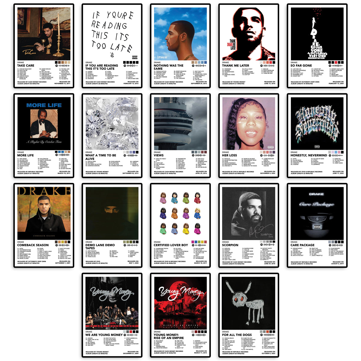 Complete Drake album cover poster collection featuring Take Care, Nothing Was the Same, If You're Reading This It's Too Late, Thank Me Later, So Far Gone, More Life, Views, Honestly Nevermind, Her Loss, Scorpion, Certified Lover Boy, Care Package, For All the Dogs, Young Money releases, and more. Premium music wall decor for Drake fans.