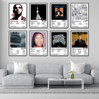 Modern living room featuring eight framed Drake album cover posters including Thank Me Later, So Far Gone, More Life, What a Time to Be Alive, Views, Her Loss, Honestly Nevermind, and Comeback Season. Premium 8x12 inch music wall art for home decor, bedrooms, gaming rooms, and studios.