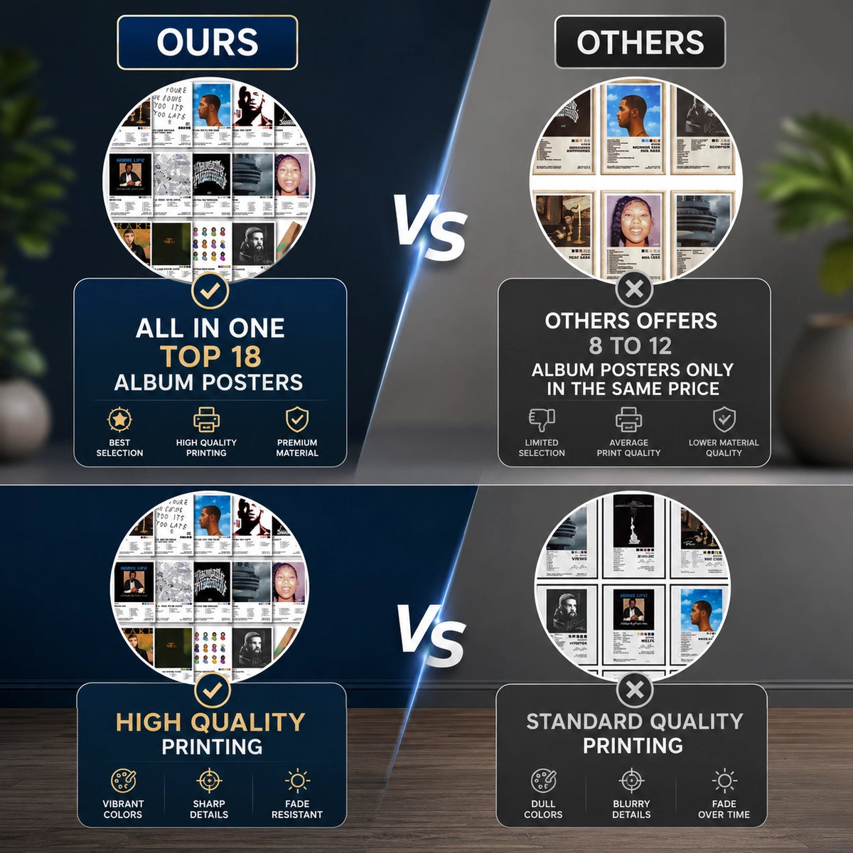 Comparison showing our complete Drake album poster collection versus competing products. Highlights all 18 Drake album posters, premium print quality, vibrant colors, sharp details, fade-resistant printing, and better value than standard poster sets.