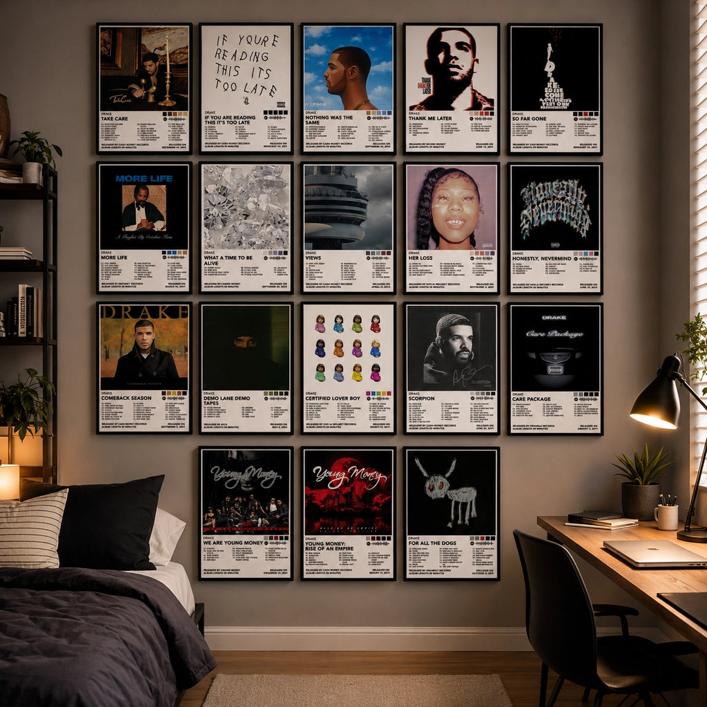 Complete Drake album cover poster collection displayed on a modern bedroom wall featuring all 18 iconic Drake albums including Take Care, Nothing Was the Same, If You're Reading This It's Too Late, Thank Me Later, So Far Gone, More Life, Views, Her Loss, Honestly Nevermind, Scorpion, Certified Lover Boy, Care Package, For All the Dogs, and Young Money releases. Premium music wall decor for Drake fans.