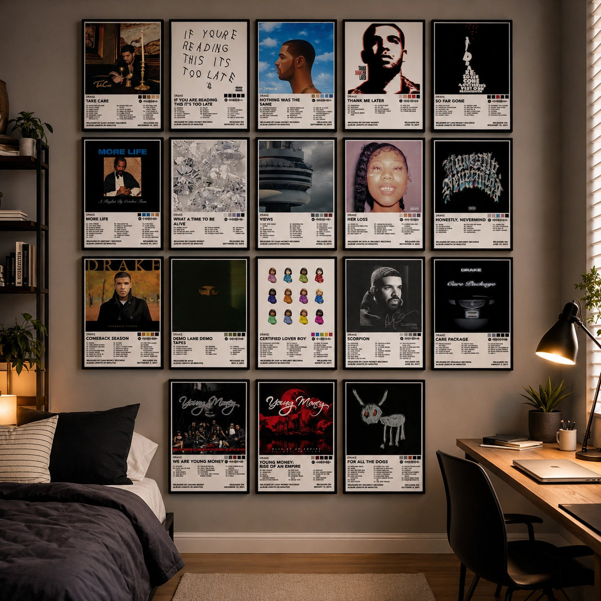 Complete Drake album cover poster collection displayed on a modern bedroom wall featuring all 18 iconic Drake albums including Take Care, Nothing Was the Same, If You're Reading This It's Too Late, Thank Me Later, So Far Gone, More Life, Views, Her Loss, Honestly Nevermind, Scorpion, Certified Lover Boy, Care Package, For All the Dogs, and Young Money releases. Premium music wall decor for Drake fans.