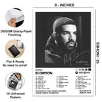 8x12 inch Drake Scorpion album cover poster printed on premium 260 GSM glossy paper. Unframed music wall art featuring the Scorpion tracklist, flat packaging, and vibrant high-quality print for bedrooms, gaming rooms, studios, and music lovers.