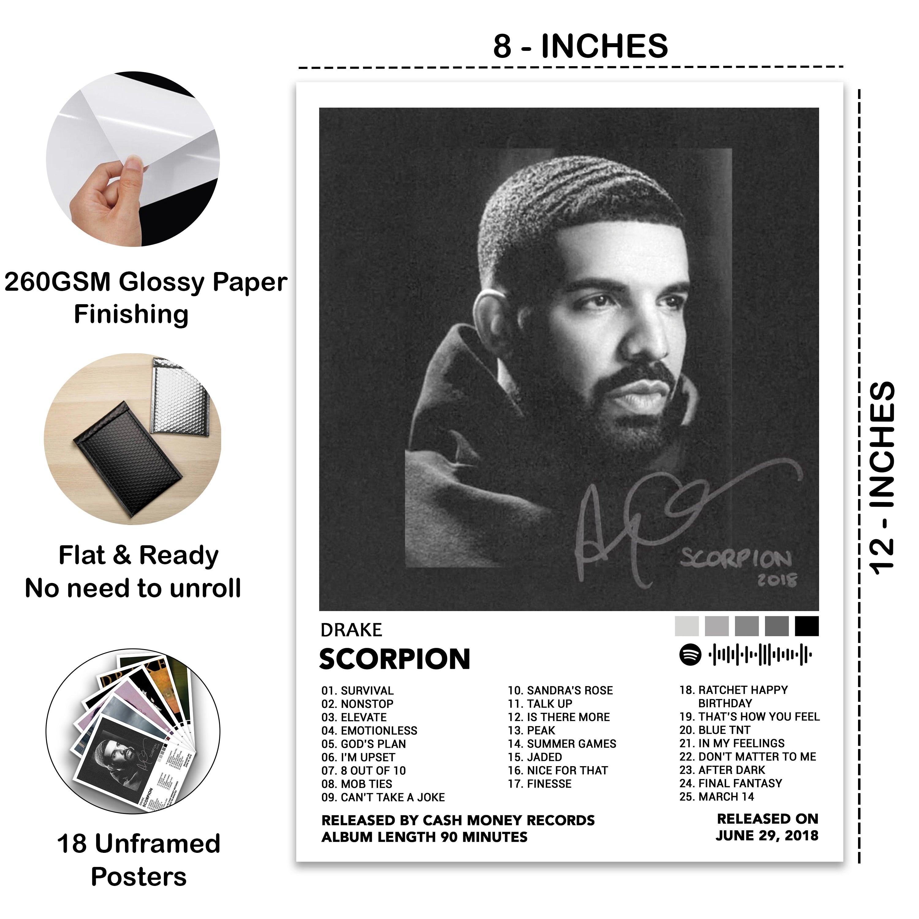 8x12 inch Drake Scorpion album cover poster printed on premium 260 GSM glossy paper. Unframed music wall art featuring the Scorpion tracklist, flat packaging, and vibrant high-quality print for bedrooms, gaming rooms, studios, and music lovers.