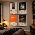 Four framed Frank Ocean album cover posters arranged in a grid on a bedroom wall.