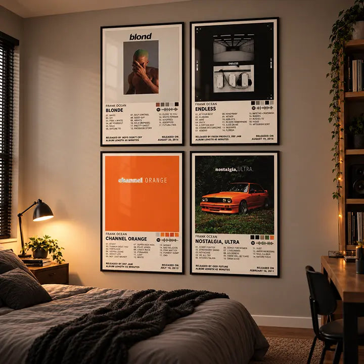 Four framed Frank Ocean album cover posters arranged in a grid on a bedroom wall.