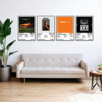 Four framed Frank Ocean album cover posters displayed in a row above a sofa in a bright living room.