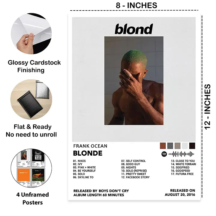 Close-up of the Frank Ocean Blonde-inspired poster with 8 × 12-inch dimensions and glossy cardstock finish.
