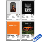 Printable digital set of four Frank Ocean album cover poster designs—Blonde, Endless, Channel Orange, and Nostalgia, Ultra—shown in a collage.
