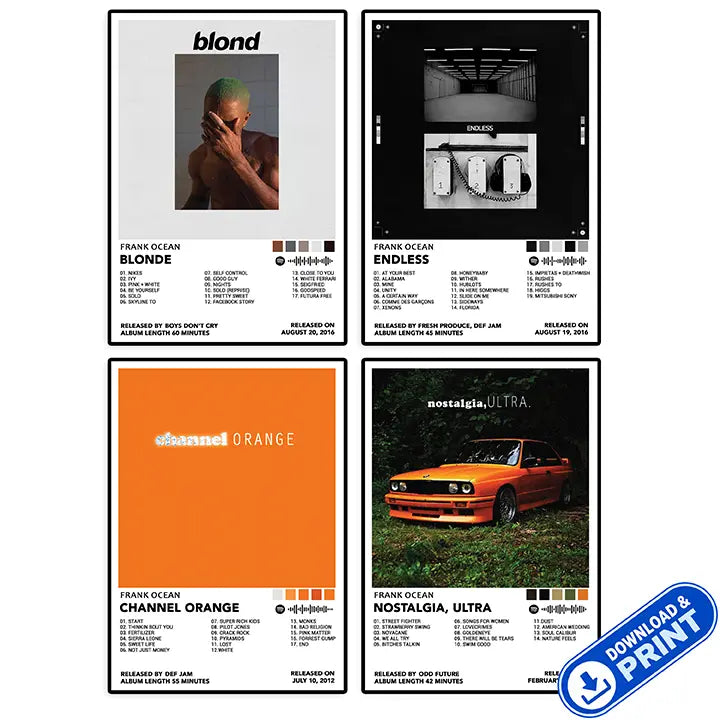 Printable digital set of four Frank Ocean album cover poster designs—Blonde, Endless, Channel Orange, and Nostalgia, Ultra—shown in a collage.