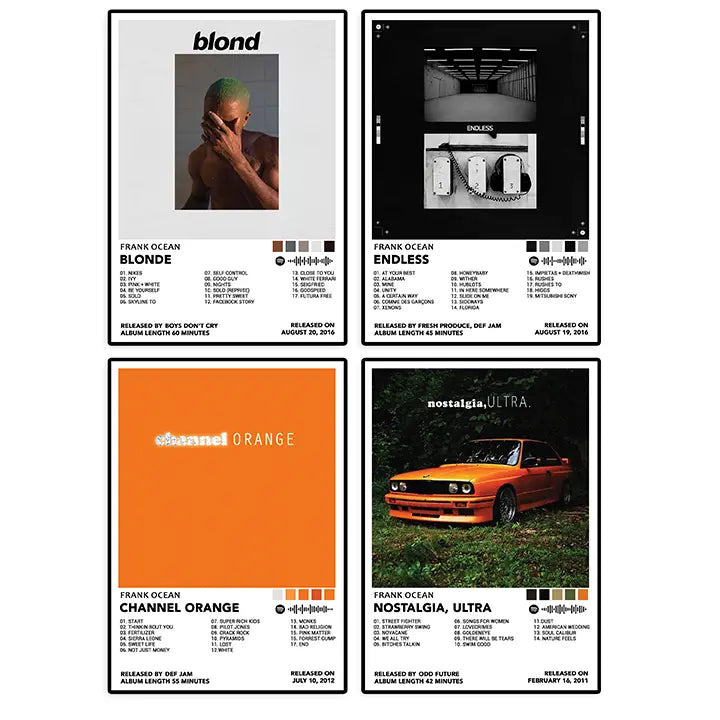 Four Frank Ocean album-inspired poster designs shown together.