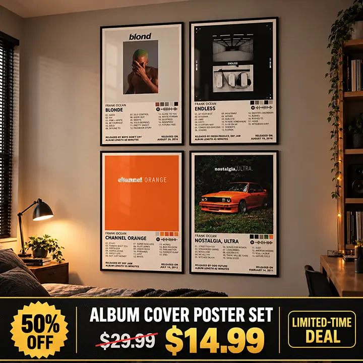 Four Frank Ocean posters displayed in a bedroom with a sale banner showing 50% off and a $14.99 price.