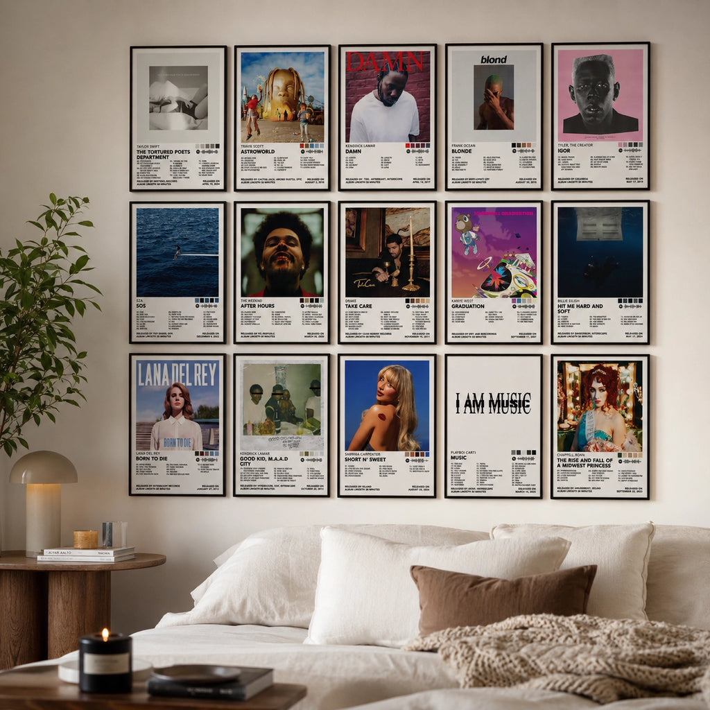 Heavy Hitters 15 album cover posters displayed as stylish bedroom wall decor featuring Taylor Swift, Travis Scott, Kendrick Lamar, Frank Ocean, Tyler The Creator, SZA, The Weeknd, Drake, Kanye West, Billie Eilish, Lana Del Rey, Sabrina Carpenter, Playboi Carti and Chappell Roan.