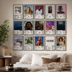 Heavy Hitters 15 album cover posters displayed as stylish bedroom wall decor featuring Taylor Swift, Travis Scott, Kendrick Lamar, Frank Ocean, Tyler The Creator, SZA, The Weeknd, Drake, Kanye West, Billie Eilish, Lana Del Rey, Sabrina Carpenter, Playboi Carti and Chappell Roan.