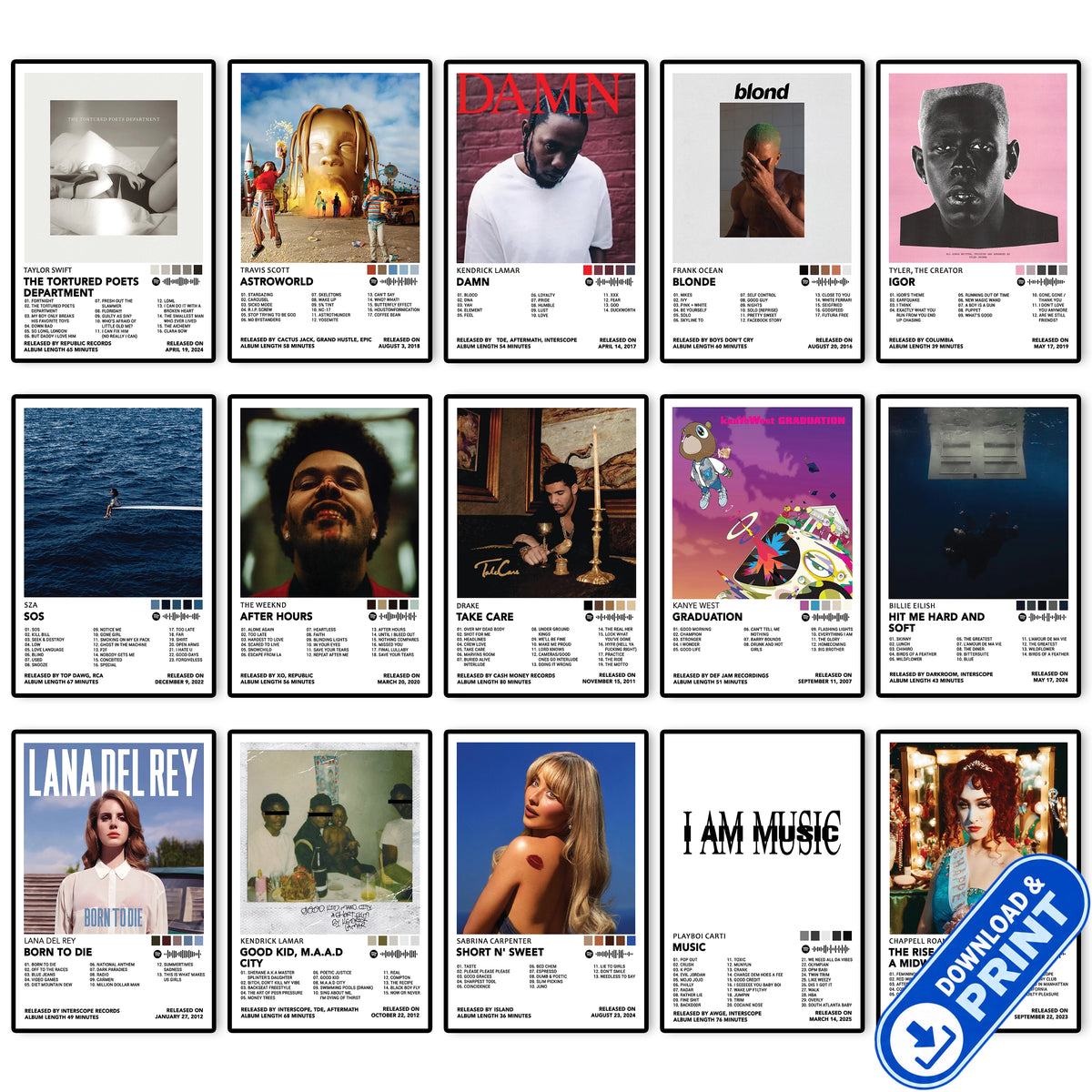 Collection of 15 Heavy Hitters album cover posters featuring popular hip-hop, R&B and pop artists as high-resolution printable digital downloads.