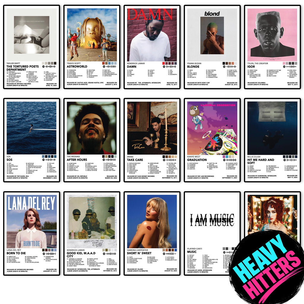 Heavy Hitters Top 15 album cover posters featuring Taylor Swift, Travis Scott, Kendrick Lamar, Frank Ocean, Tyler The Creator, SZA, The Weeknd, Drake, Kanye West, Billie Eilish, Lana Del Rey, Sabrina Carpenter, Playboi Carti and Chappell Roan for music wall decor.