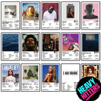 Heavy Hitters Top 15 album cover posters featuring Taylor Swift, Travis Scott, Kendrick Lamar, Frank Ocean, Tyler The Creator, SZA, The Weeknd, Drake, Kanye West, Billie Eilish, Lana Del Rey, Sabrina Carpenter, Playboi Carti and Chappell Roan for music wall decor.