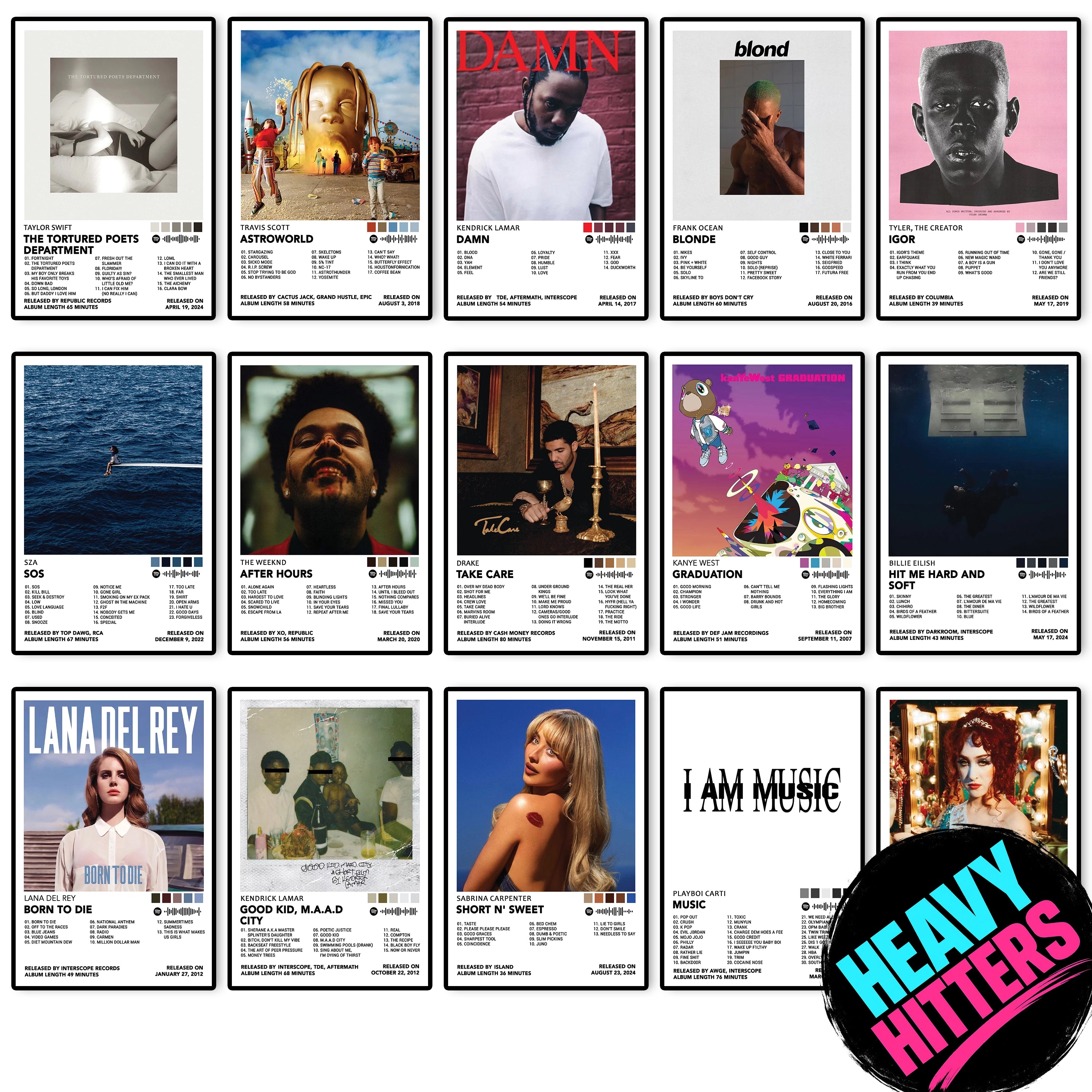 Heavy Hitters Top 15 album cover posters featuring Taylor Swift, Travis Scott, Kendrick Lamar, Frank Ocean, Tyler The Creator, SZA, The Weeknd, Drake, Kanye West, Billie Eilish, Lana Del Rey, Sabrina Carpenter, Playboi Carti and Chappell Roan for music wall decor.