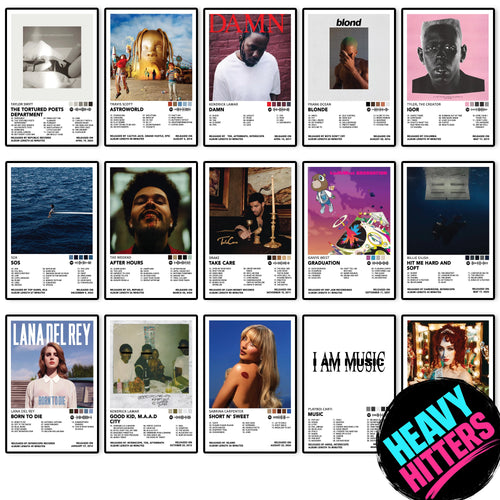 Heavy Hitters Top 15 album cover posters featuring Taylor Swift, Travis Scott, Kendrick Lamar, Frank Ocean, Tyler The Creator, SZA, The Weeknd, Drake, Kanye West, Billie Eilish, Lana Del Rey, Sabrina Carpenter, Playboi Carti and Chappell Roan for music wall decor.