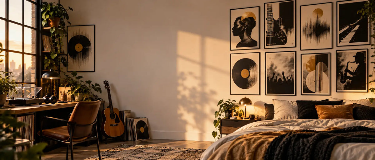 Golden-hour bedroom and music studio featuring framed music-inspired wall art, vinyl records, a turntable, guitar, plants, and warm natural light.