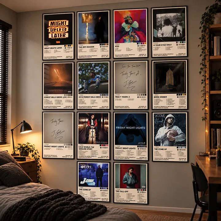 Fourteen J. Cole album-inspired posters displayed in a bedroom wall grid.