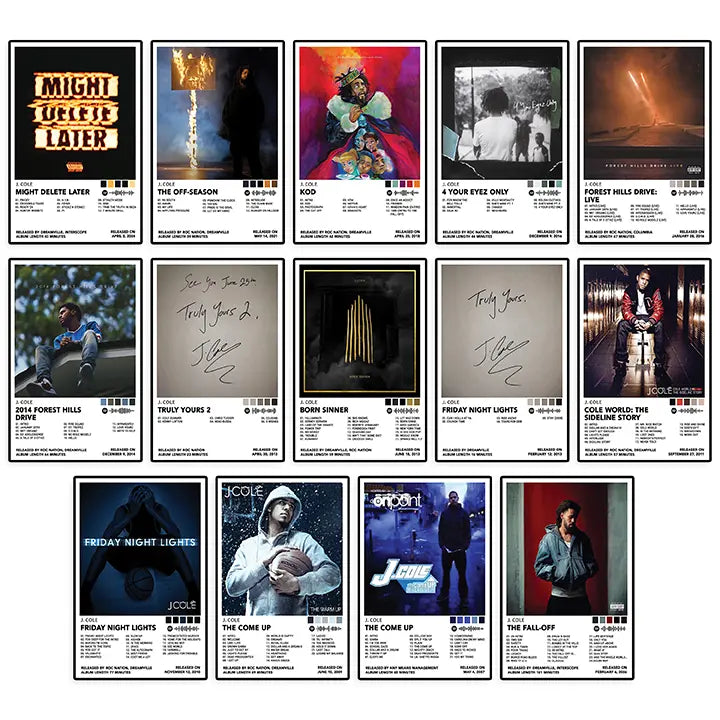 Collection of 14 J. Cole album-inspired poster designs displayed together.